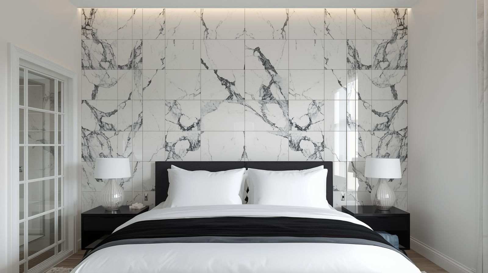White Marble Tiles with Black Veins Accent