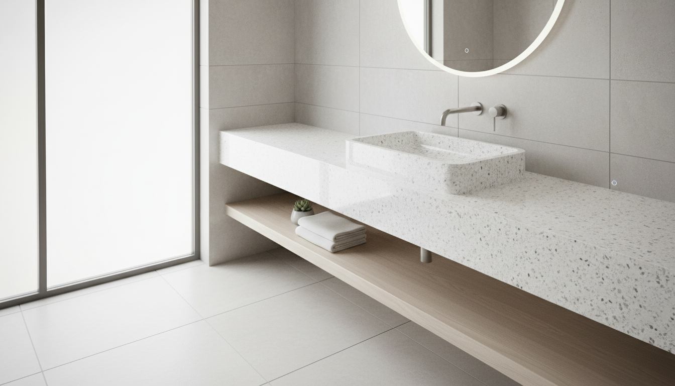 Bright white speckled table top wash basin granite design for small spaces