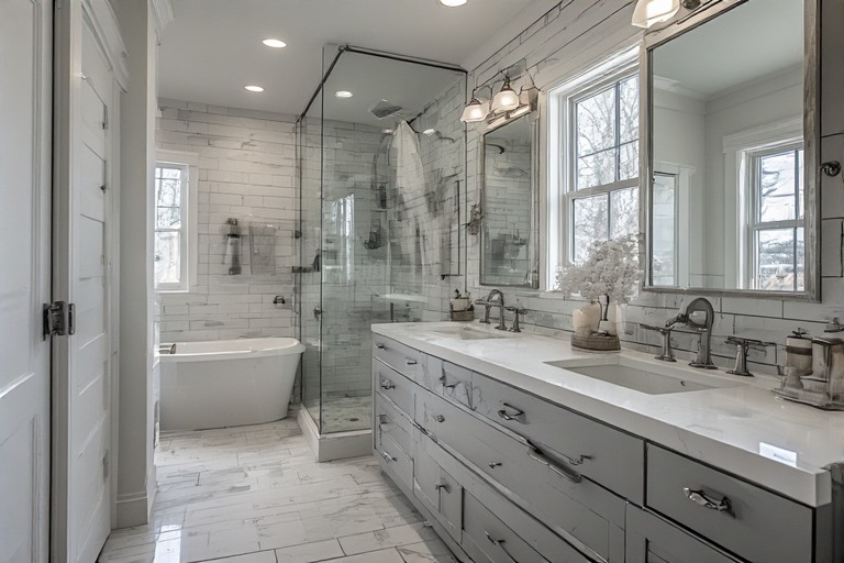 Grey and White Bathroom Tiles with Grout