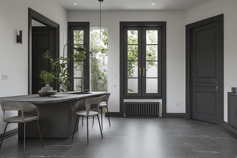 White Walls with Dark Grey Doors and Window Frame for a Bold and Contrasting Interior