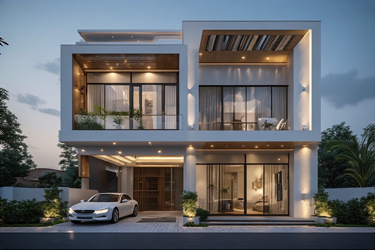 White and Bright Duplex Front Elevation Design