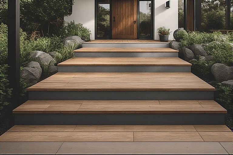 Wood effect tile outside entrance stairs design