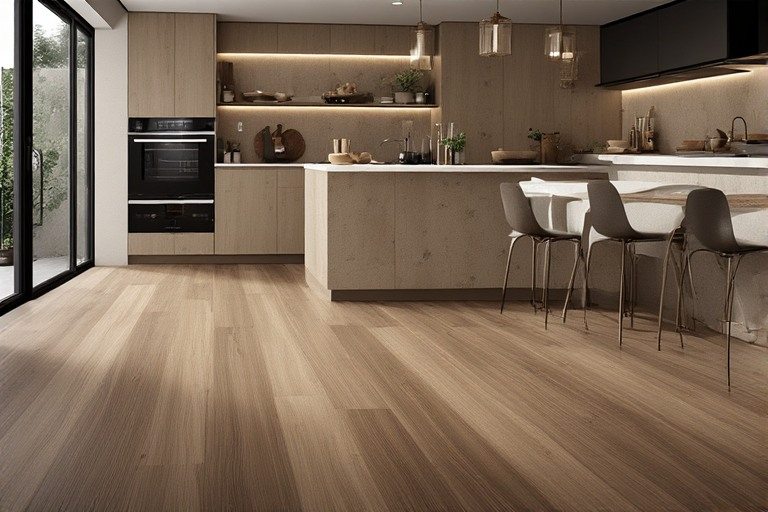 Warm wood effect kitchen floor ideas for moisture resistance