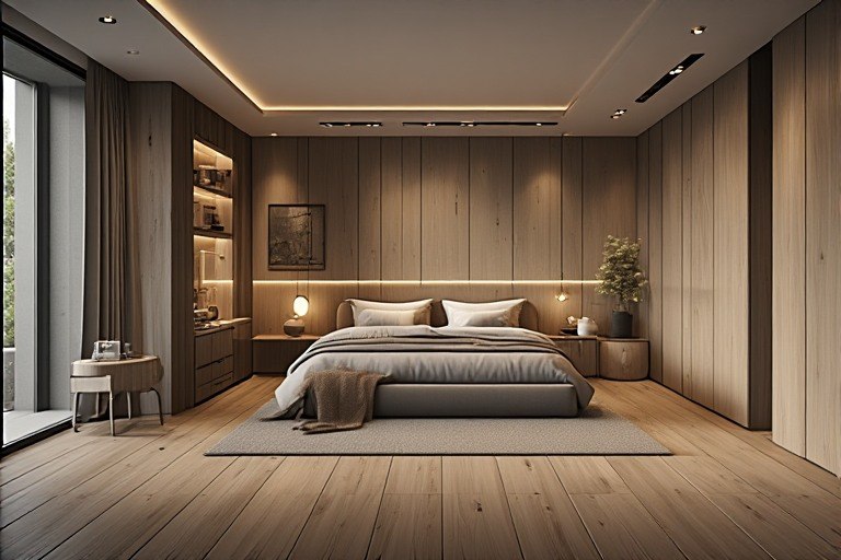 Warm wood look floor tiles in luxury bedroom interior design