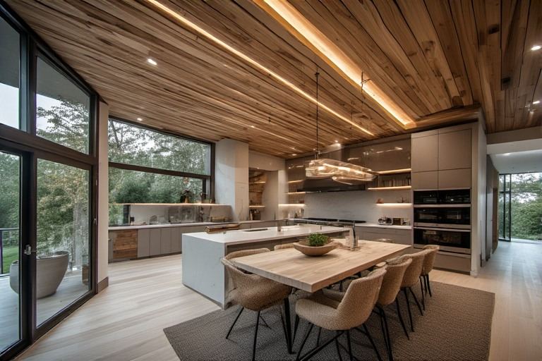 Warm wood panel roof ceiling design for cozy home interiors