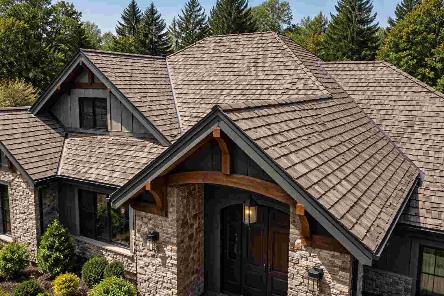 Rustic wood-shake roof tile texture replicating natural timber grains