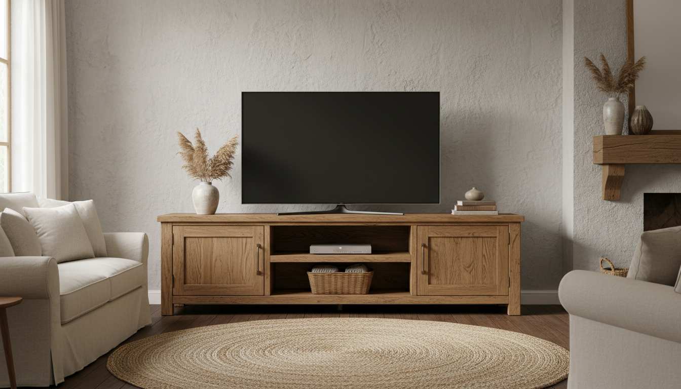 Classic wood TV cabinet design for living room featuring natural textures and storage