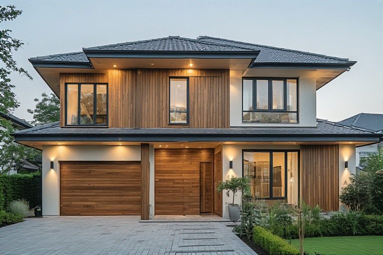 Wood texture double floor normal house front elevation designs