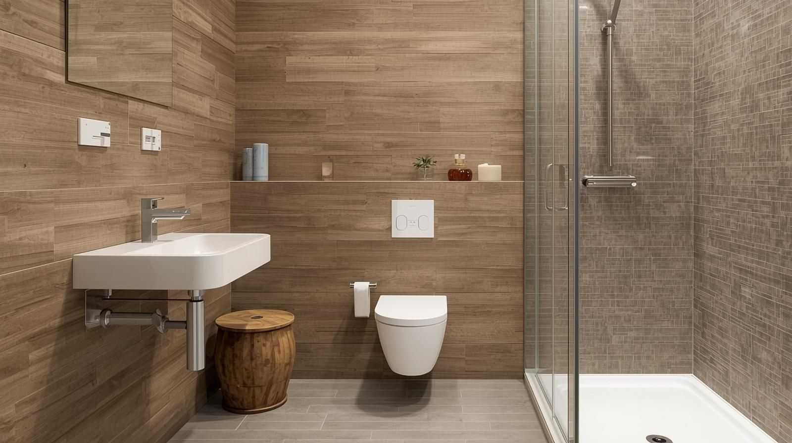 Wood Wall and Tile Mix in Bathroom Spaces