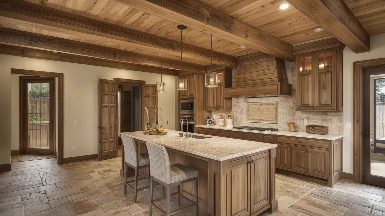 Wooden beam ceiling complemented with natural stone tiles brings warmth and rustic charm to interior spaces.