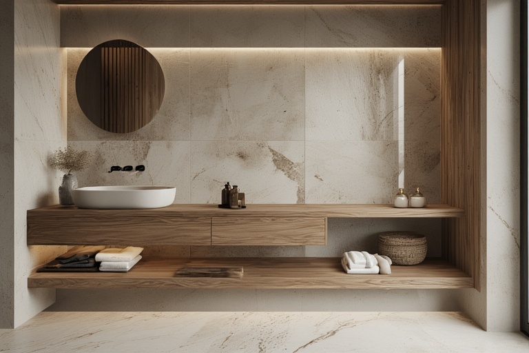 Wooden Cabinet with Ceramic Wash Basin for Warm and Functional Bathroom Storage