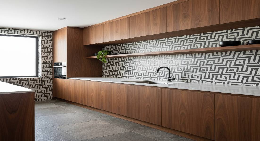 Wooden Cabinets with Geometric Patterned Tiles
