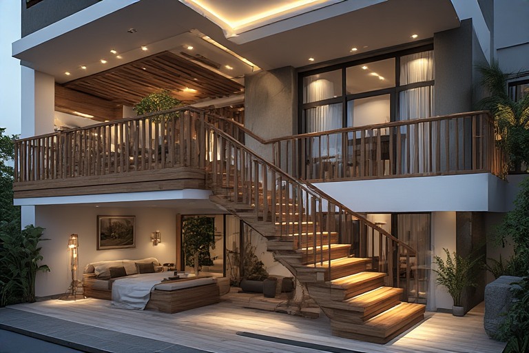 Wooden Finish Balcony Staircase Design