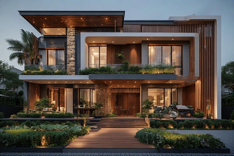Ground Floor Elevation Design with Wooden Finish