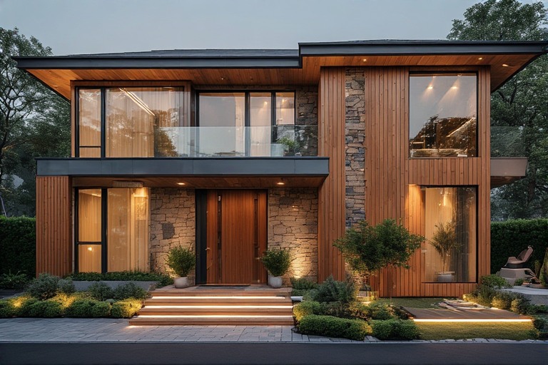 Wooden Finish Front Wall Design for Home