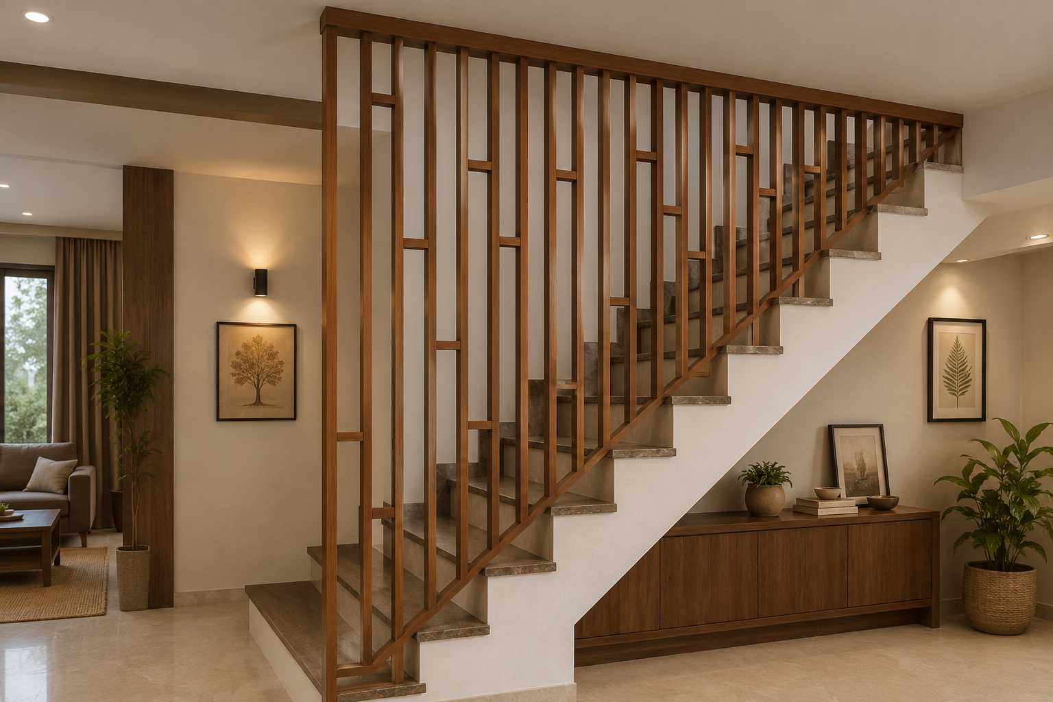 Wooden Finish Staircase Window Grill Design