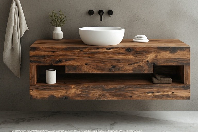 Wooden Floating Vanity with Integrated Wash Basin