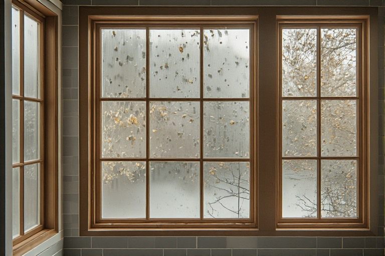 Wooden privacy window design with frosted glass panels