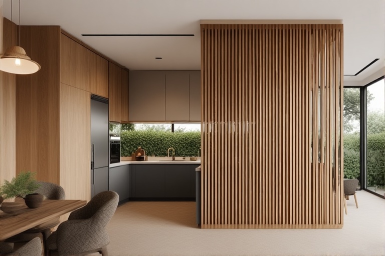 Wooden Slat Open Kitchen Partition for Rustic and Stylish Interior Design