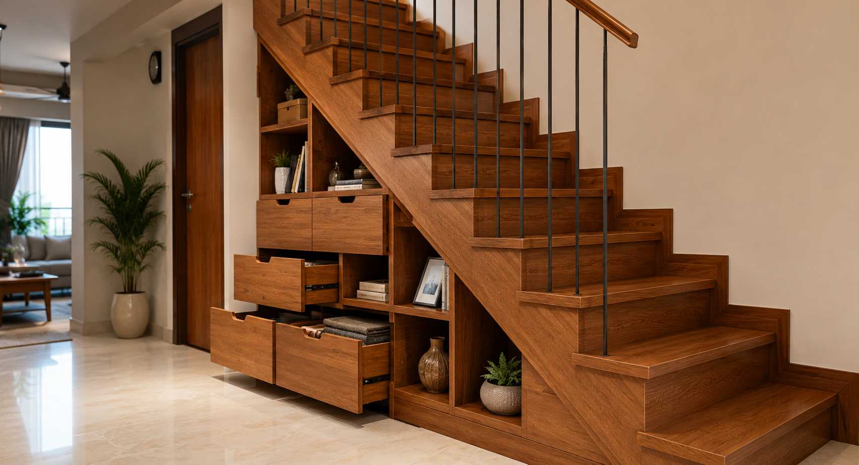 Wooden Staircase Design with Storage Integration