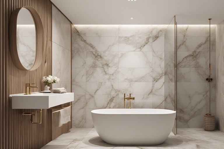 Wooden Wall Panels with Marble-Look Tiles