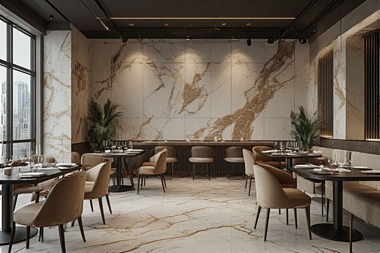 Luxury fine dining restaurant design with marble effect tiles