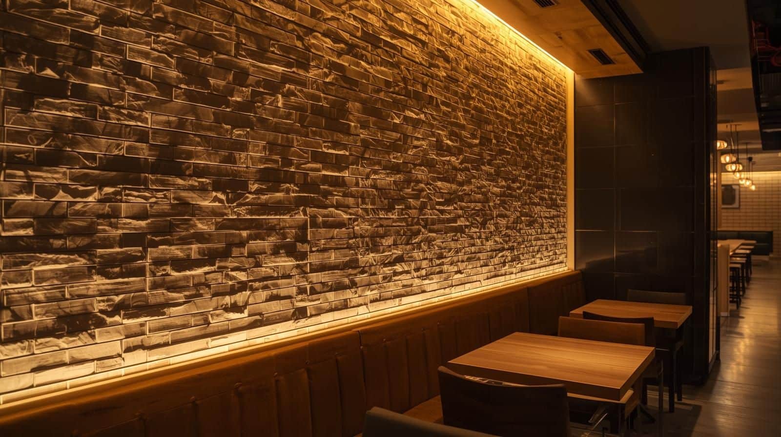 Accent lighting highlighting wall tile textures and intricate patterns beautifully.