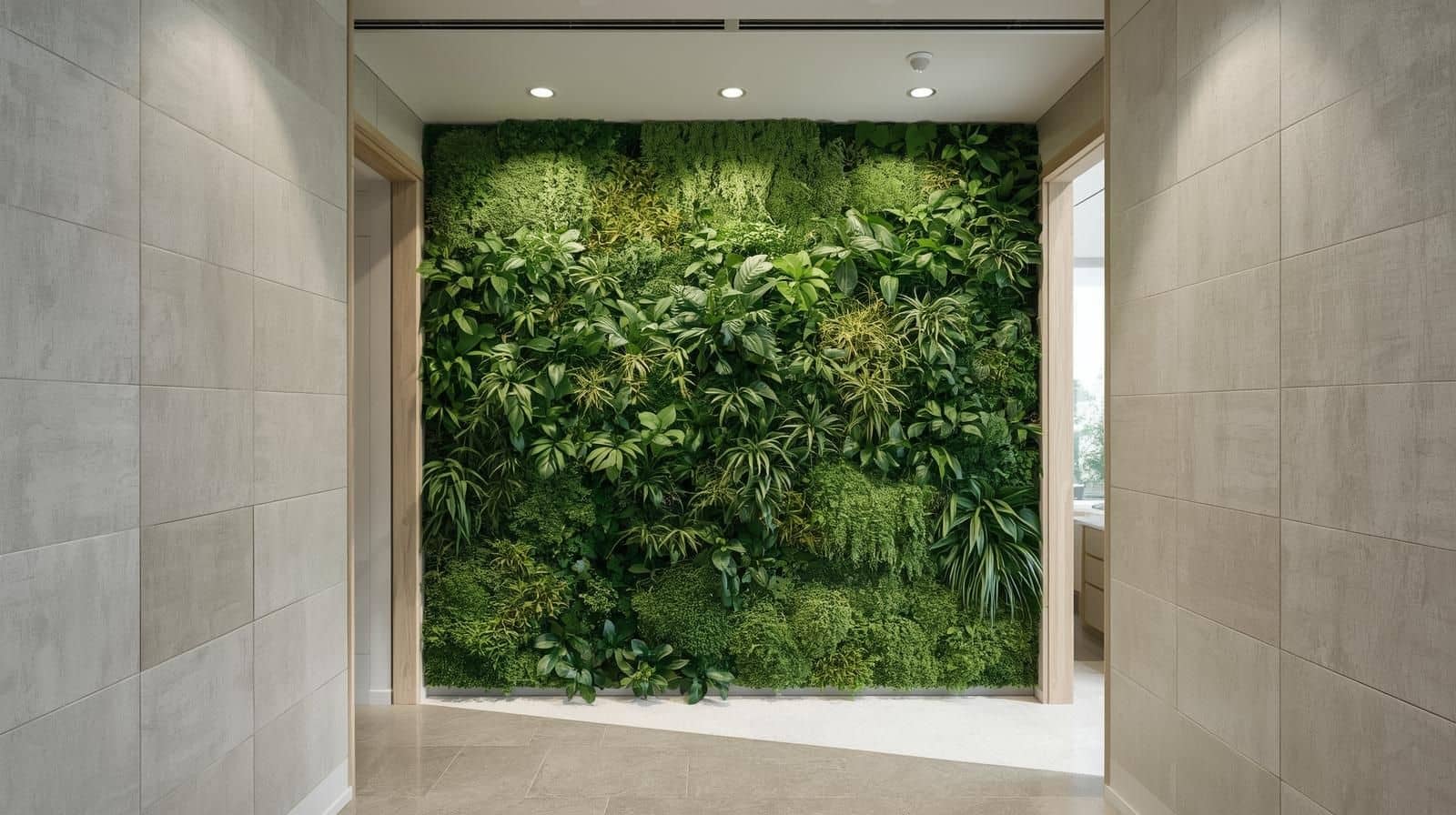 Eco-friendly green walls complemented by neutral tiles for a balanced natural design.