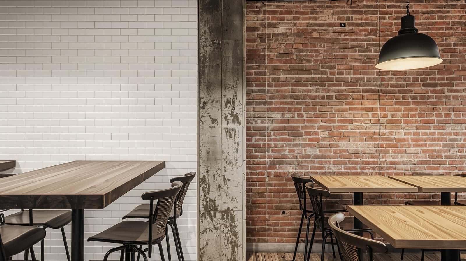 Industrial look created with subway tiles and brick-effect tiles for a raw, urban-style interior.