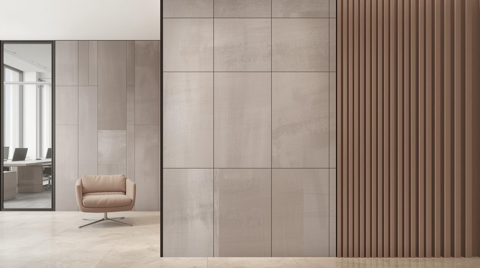 Minimalist clean lines using matte finish wall tiles for modern interiors.