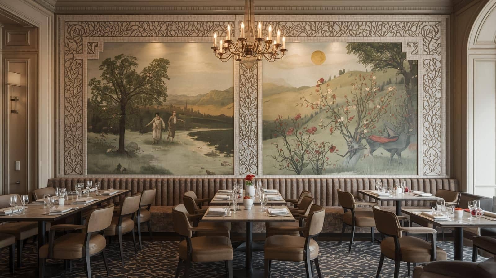 Statement wall murals enhanced with decorative tile borders for artistic appeal.